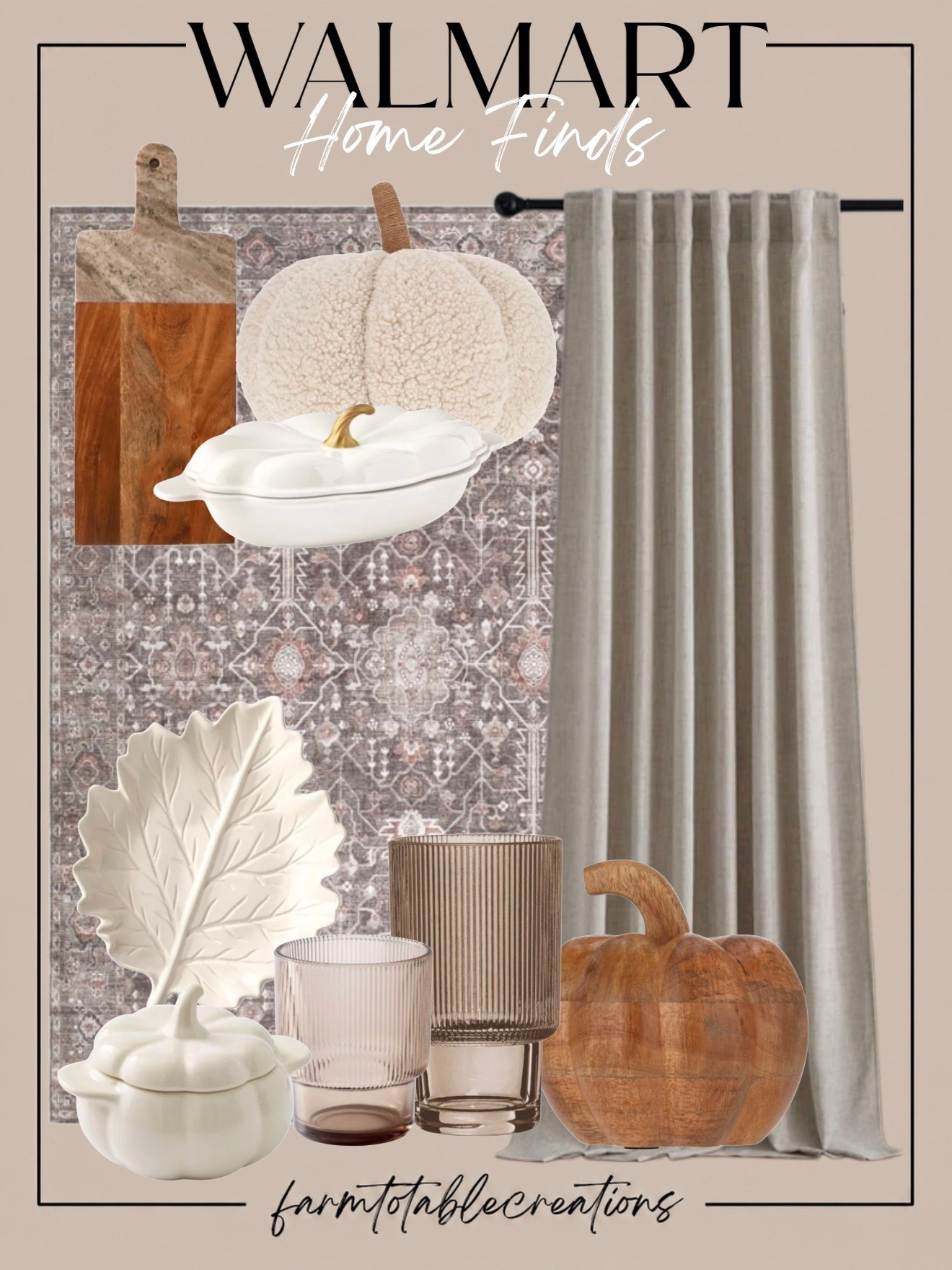 Walmart Neutral Fall Home Finds 🤎🍂

Walmart has so many beautiful pieces for creating a soft, elevated fall look without overwhelming your home with seasonal decor. Warm wood accents, creamy pumpkin serveware, textured pumpkins, smoky glass, neutral curtains, and a vintage-inspired rug give this collection such a cozy designer feel.

Follow @farmtotablecreations on Instagram for more cozy home finds and trending decor.

I love this softer approach to fall decorating—the warm browns, ivory, taupe, and natural wood tones can easily mix with your everyday decor while still making your home feel ready for the season.

#LTKHome #WalmartHome #WalmartFinds #WalmartFall #WalmartHomeFinds #FallDecor #NeutralFallDecor #FallHome #CozyHome #AffordableHomeDecor #DesignerInspired #AutumnDecor #NeutralHome #BudgetFriendlyDecor #LTKFinds

#LTKHome #LTKSeasonal
