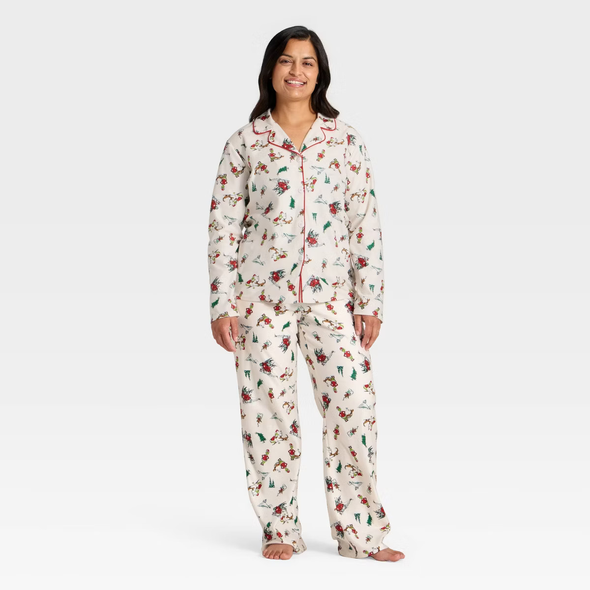 Women's The Grinch Print Long Sleeve Shirt and Pants Holiday Matching Family Pajama Set - Cream | Target