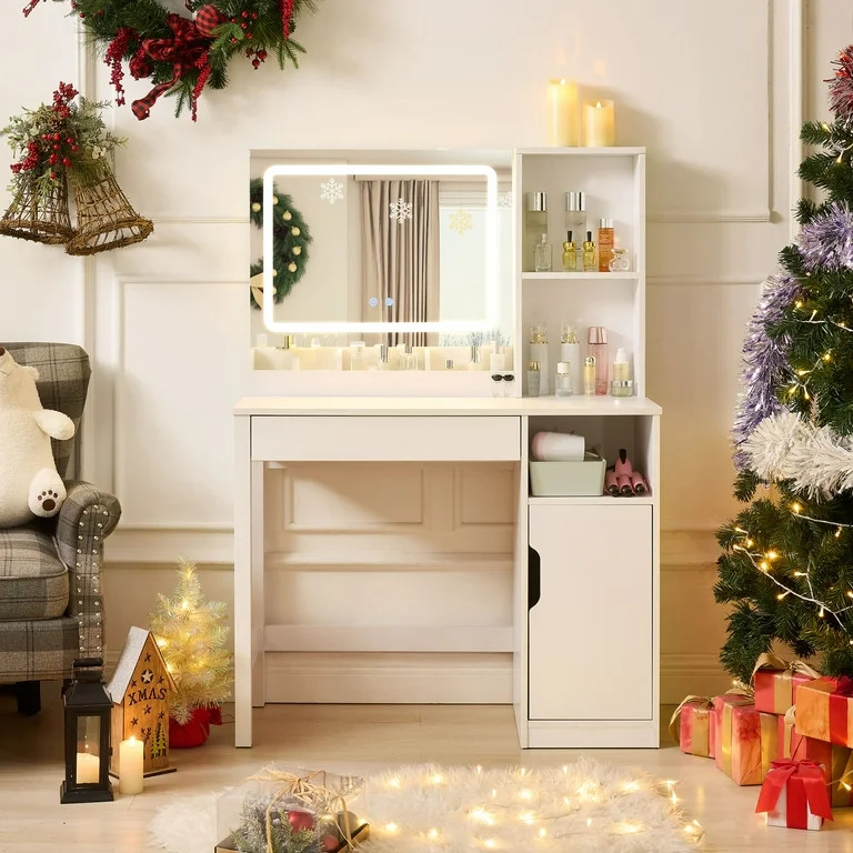 Mainstays Get Ready with Me GRWM Vanity Table with Lighted Mirror and Storage, White Finish | Walmart (US)