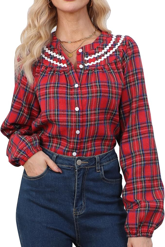 Womens Long Sleeve Plaid Shirt Button Down Tartan Blouses Christmas RIC Rac Collared Checkered Fa... | Amazon (US)
