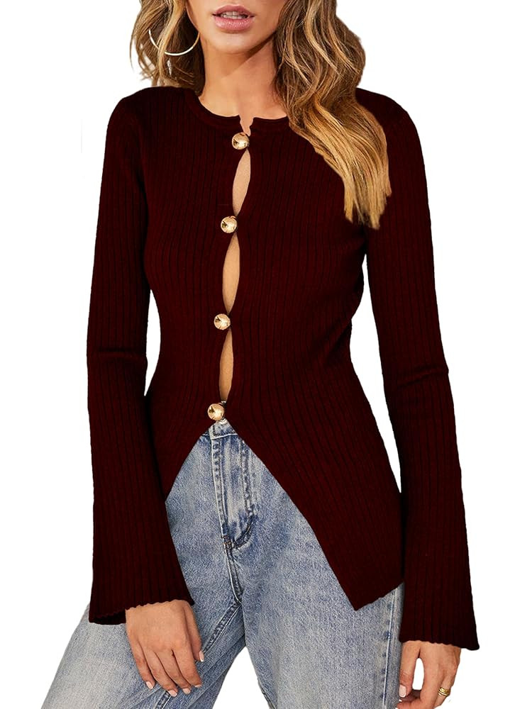 Womens Split Front Sweater 2025 Fall Slim Fitted Long Sleeve Button Open Trendy Lightweight Knit ... | Amazon (US)