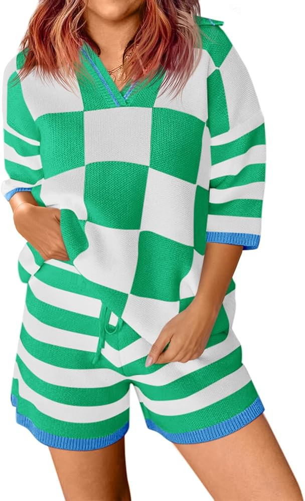 Aoysky Womens 2 Piece Outfits Sweater Sets Color Block Striped Half Sleeve V Neck Knit Tops Short... | Amazon (US)