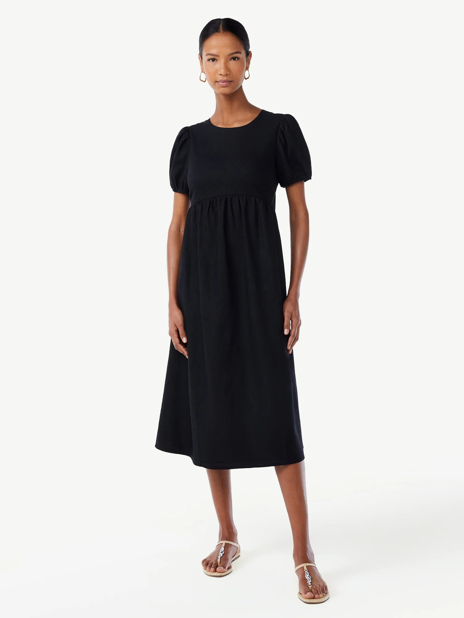 Scoop Women's Bow Back Midi Dress with Puff Sleeves - Walmart.com | Walmart (US)