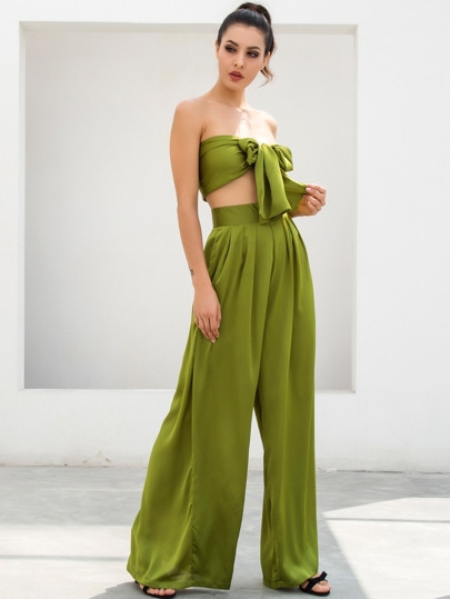 LOVE&LEMONADE Solid Tie Front Bandeau & Wide Leg Pants Set | SHEIN
