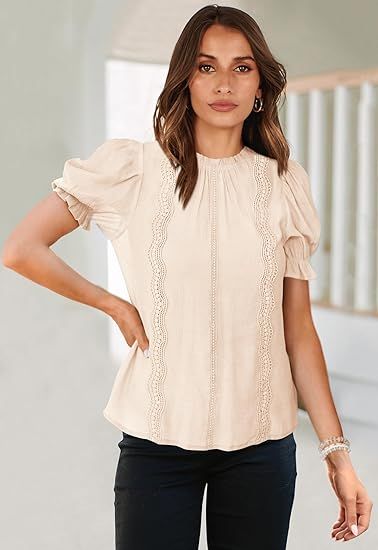 PRETTYGARDEN Puff Sleeve Tops 2024 Summer Dressy Casual Blouse Mock Neck Business Western Shirts ... | Amazon (US)