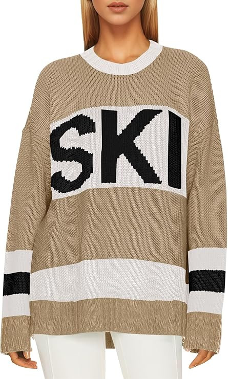 Saodimallsu Womens Color Block Oversized Sweater Ski Print Fall Trendy Crew Neck Long Sleeve Pull... | Amazon (US)