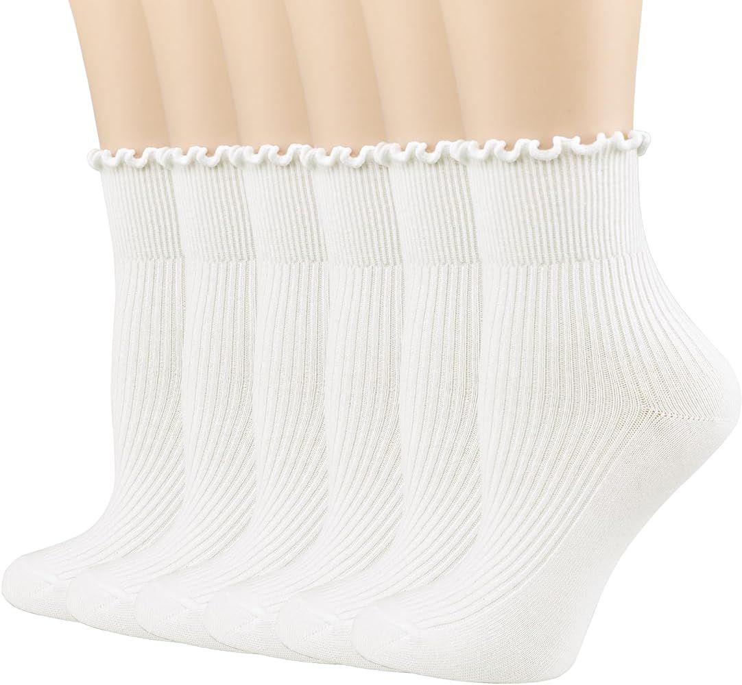 Mcool Mary Women's Ruffle Socks,Casual Cute Ankle Socks Breathable Knit Cotton Soft Frilly Crew S... | Amazon (US)