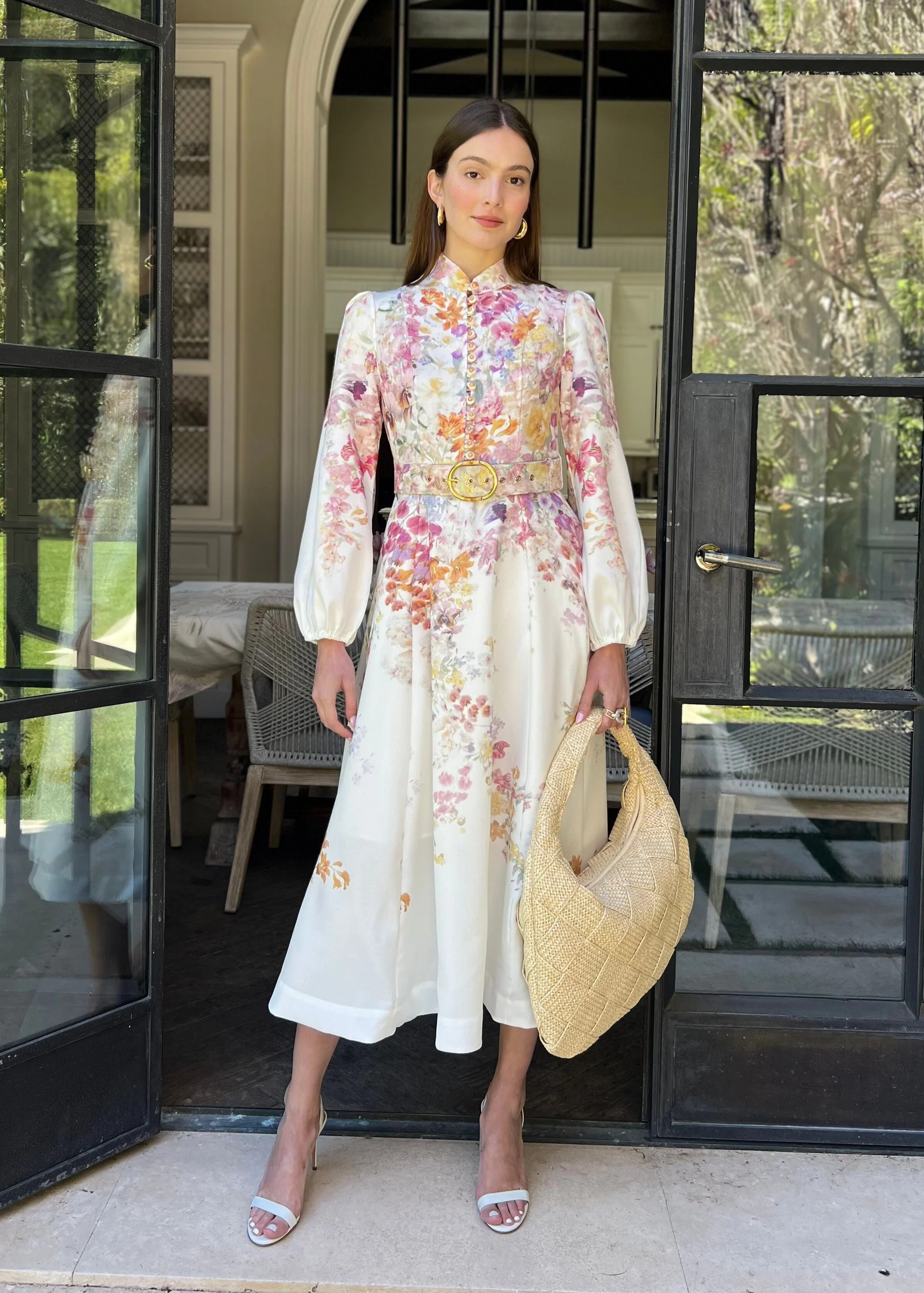 Anastasia Long Puff Sleeve Multicolor Floral Midi Dress | Benaar La