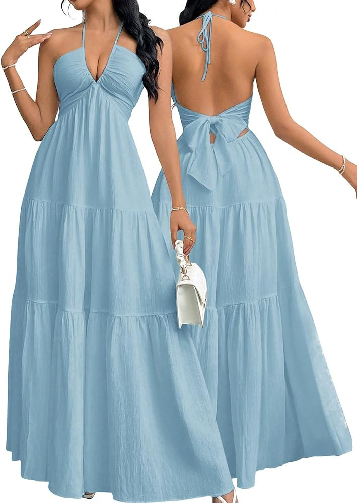 Narecte Women's Maxi Summer Dresses Halter V Neck Beach Dresses for Women A-Line Casual Dress for... | Amazon (US)
