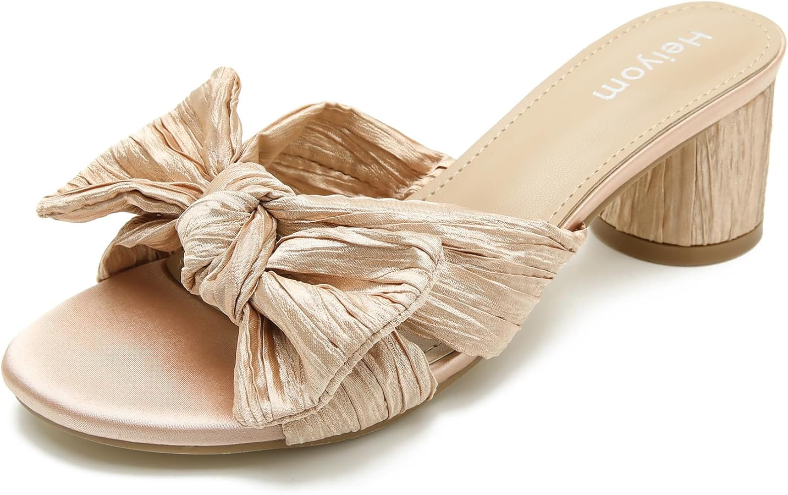 Heiyom Women's Bowknot Low Chunky Heels Mules Sandals Slip on Pleated Bow Heels Wedding Bridal Pa... | Amazon (US)