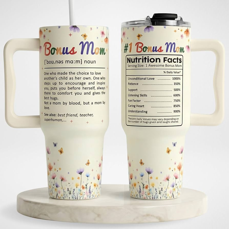 Bonus Mom Mothers Day Gifts Tumbler 40oz with Handle and Straw, Nutrition Facts Bonus Mom Tumbler... | Amazon (US)