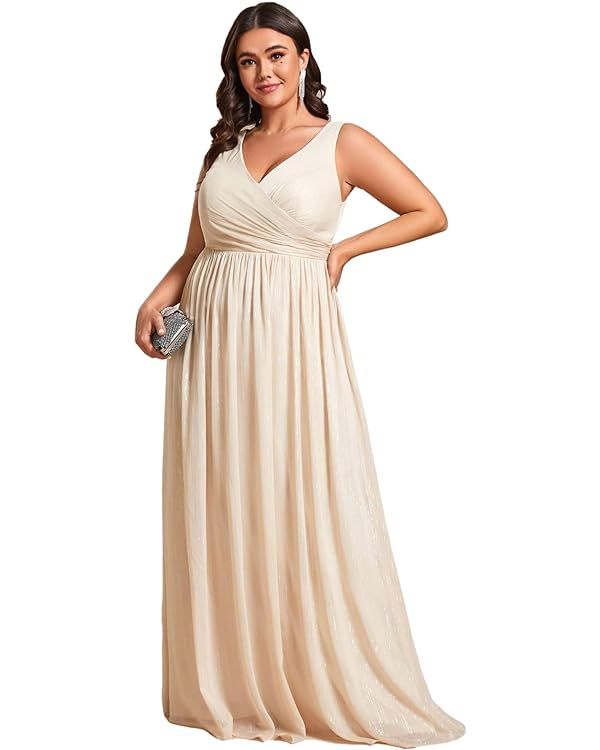 Ever-Pretty Plus Women's V Neck Sleeveless A Line Glitter Plus Size Maxi Prom Dress 02096-DA | Amazon (US)