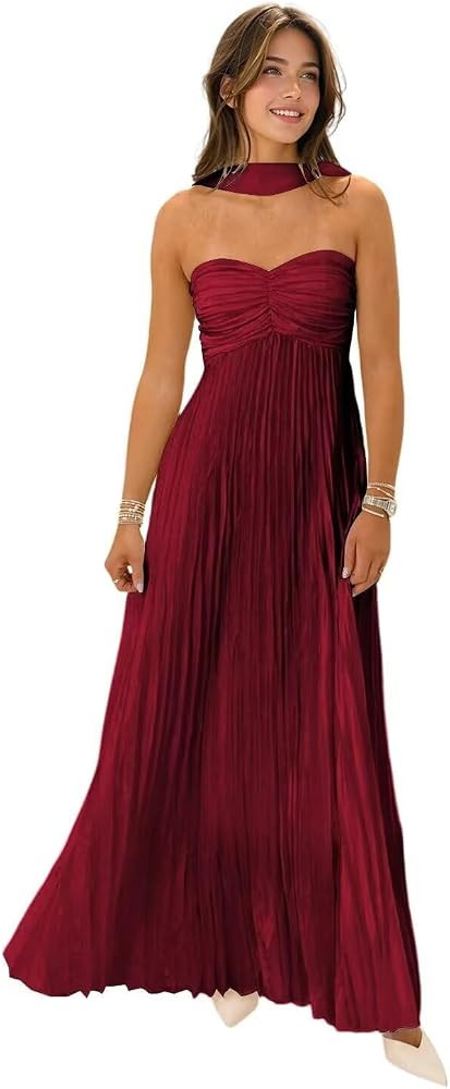 Women's Strapless Chiffon Bridesmaid Dresses with Scarf Long A-Line Pleated Formal Evening Dress ... | Amazon (US)