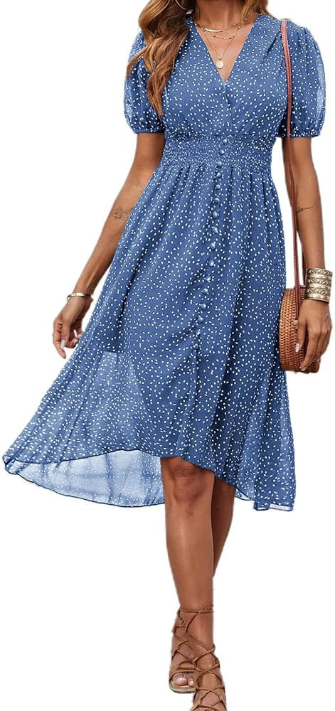 PRETTYGARDEN Women's Floral Wrap V-Neck Midi Dress Short Sleeve Boho Summer Beach Long Dress High... | Amazon (US)