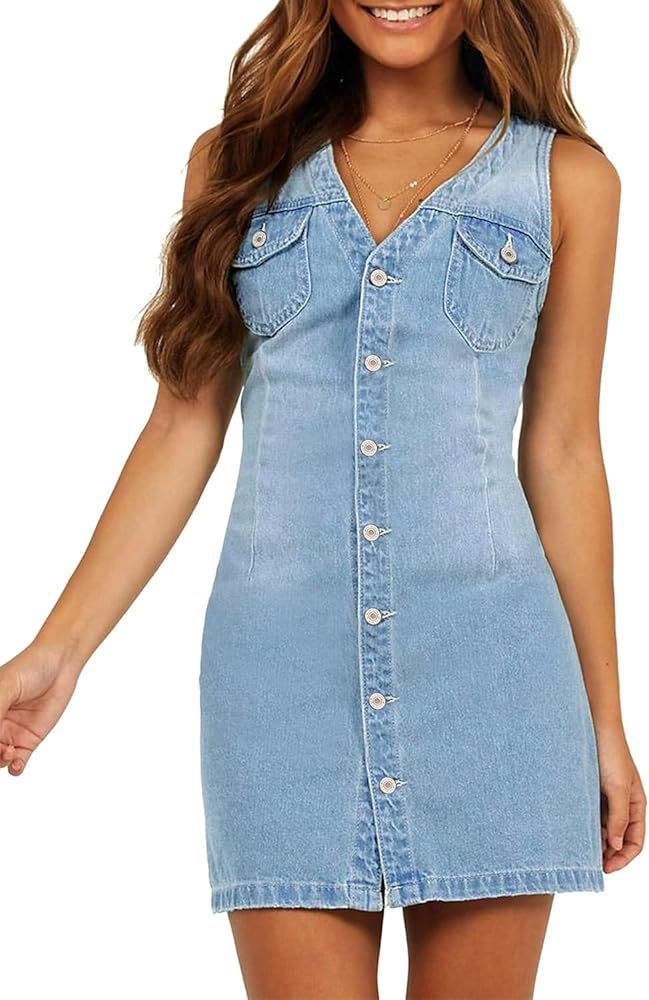 LookbookStore Women Sleeveless V Neck Button Down Frayed Hem Short Denim Dress | Amazon (US)