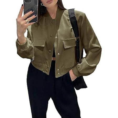 Tankaneo Womens Cropped Bomber Jackets Button Down Long Sleeve Fall Casual Coats with Pockets | Amazon (US)