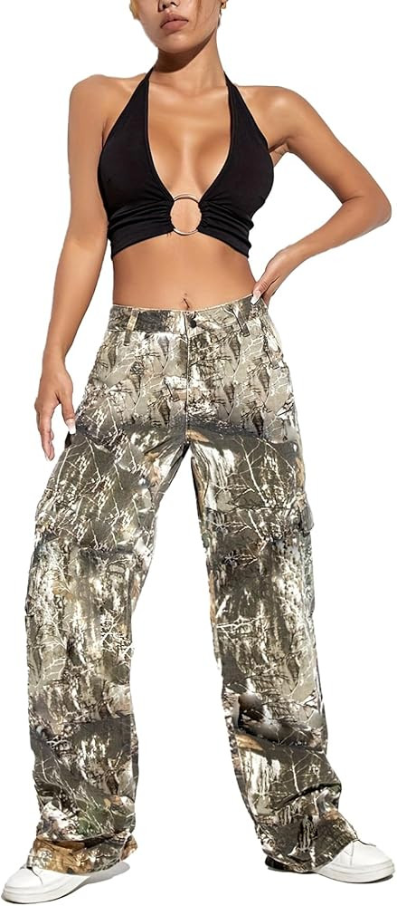 Women Camo Cargo Pants High Waist Baggy Wide Leg Camouflage Army Fatigue Joggers Trousers Slim Fi... | Amazon (US)