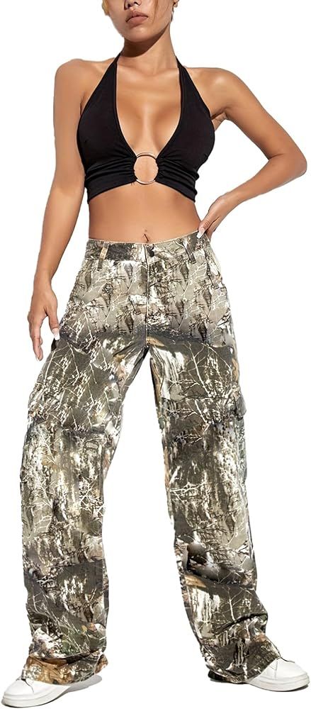 Women Camo Cargo Pants High Waist Baggy Wide Leg Camouflage Army Fatigue Joggers Trousers Slim Fi... | Amazon (US)