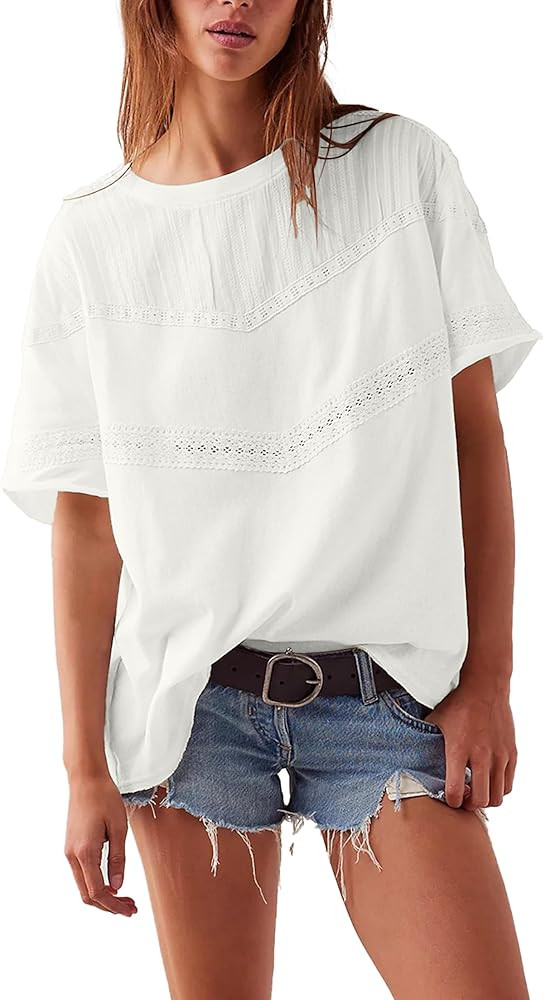 Kumufenc Womens Summer Casual Cotton Tops Lace Crochet Eyelet Shirts Crewneck Short Sleeve Blouse... | Amazon (US)