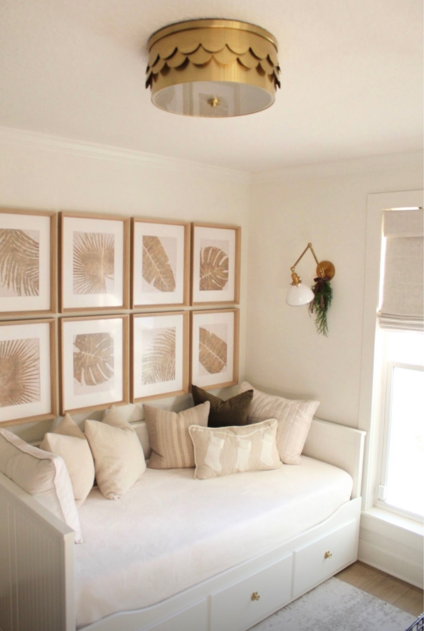 My favorite lighting! Gold scalloped semi flush mount 
Gold black and white vintage coastal swing arm sconce lights daybed office guest room pillow covers 

#LTKHome #LTKFindsUnder100 #LTKHoliday