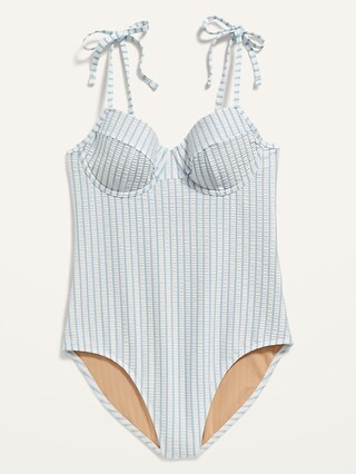 Tie-Shoulder Striped Seersucker Underwire One-Piece Swimsuit for Women | Old Navy (US)