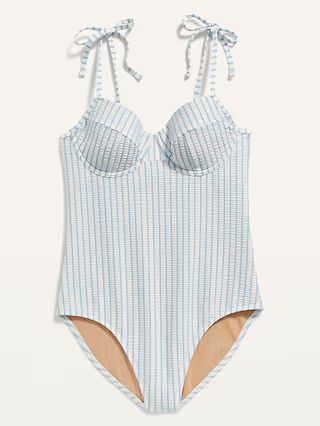 Tie-Shoulder Striped Seersucker Underwire One-Piece Swimsuit for Women | Old Navy (US)