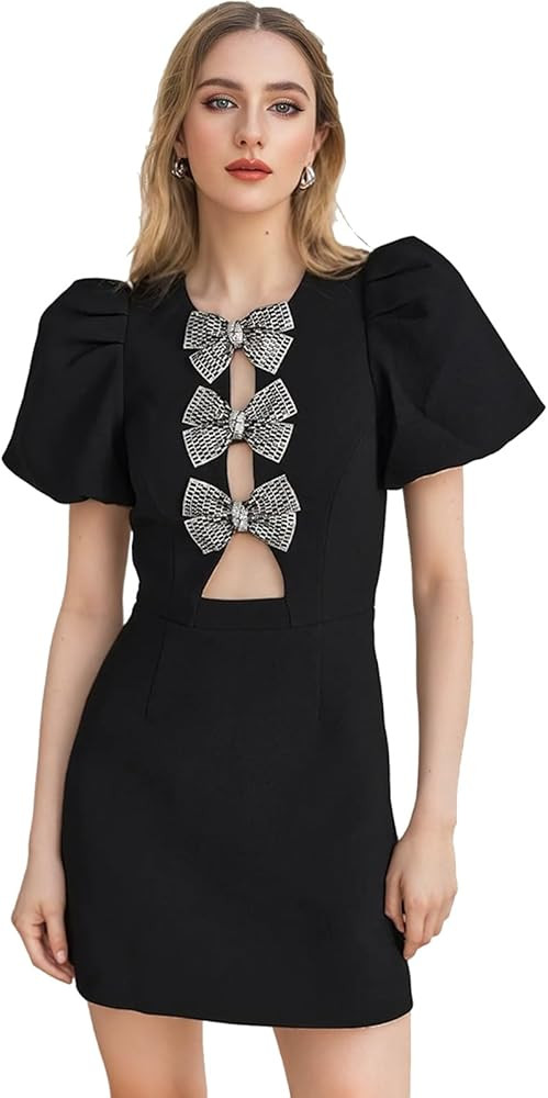 Women Hollow Out Bow Dress for O Neck Bodycon Dresses Female Party Elegant Sexy Slim Evening Mini... | Amazon (US)