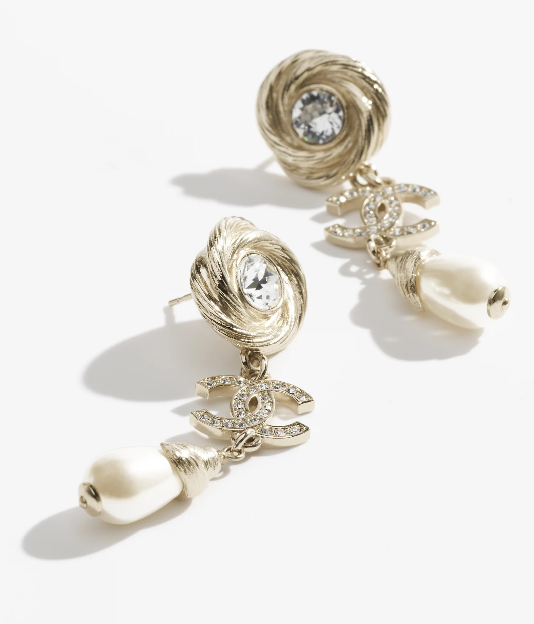 Pendant earrings - Metal, imitation pearls & strass, gold, pearly white & crystal — Fashion | C... | Chanel, Inc. (US)