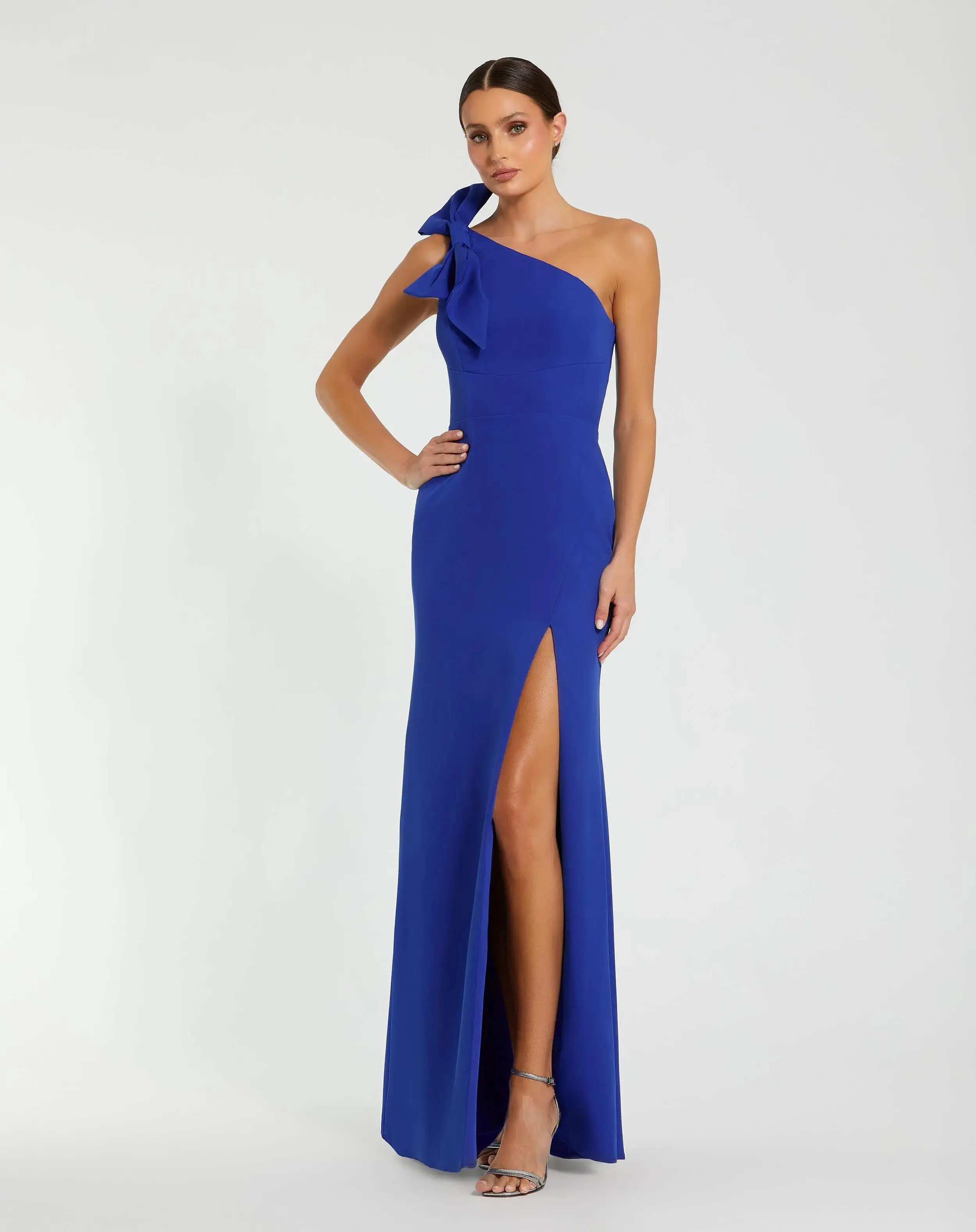 Blue Crepe One Shoulder Fitted Evening Gown With Bow | Mac Duggal