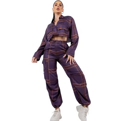 Slickblue Women's Cropped Shirt and Cargo Pants Set with Pockets, Adjustable Hem, Plum, Size M | Target