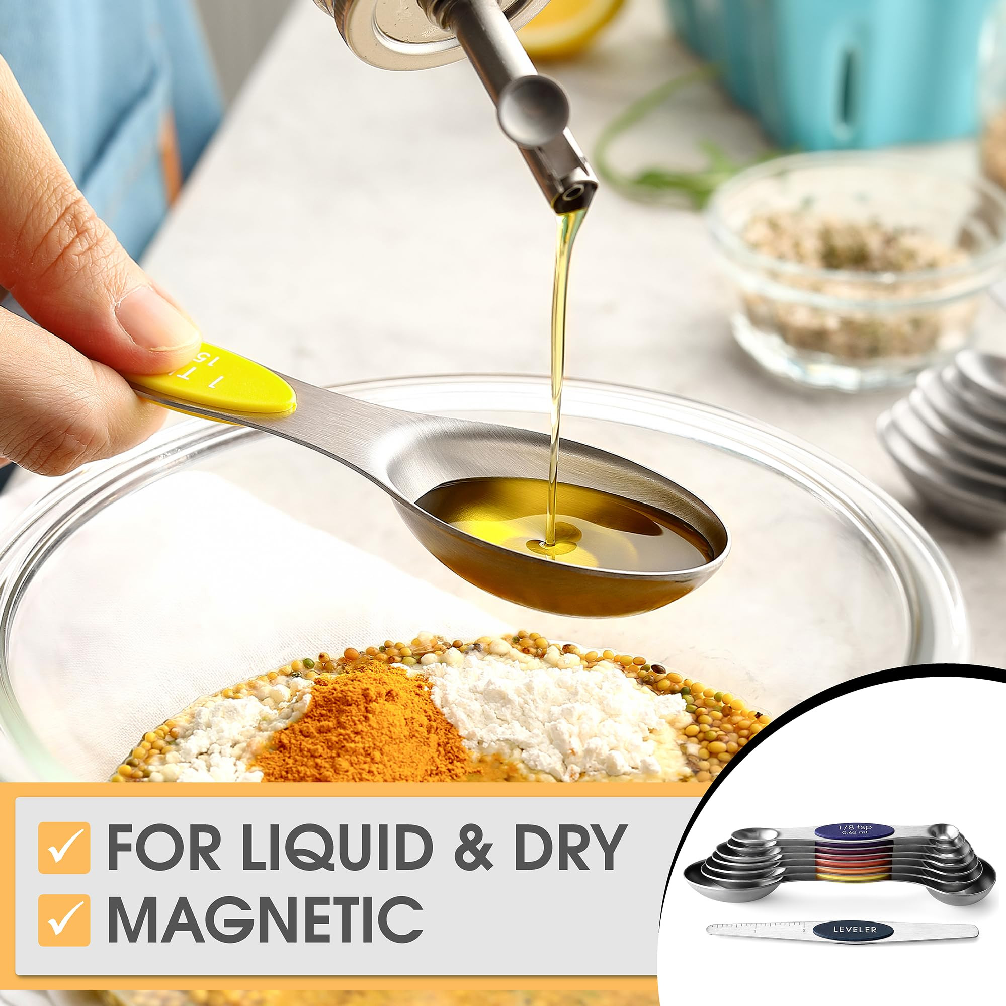 Spring Chef Stainless Steel Magnetic Measuring Spoons Set of 8 with Leveler, Nesting Metal Teaspo... | Amazon (US)