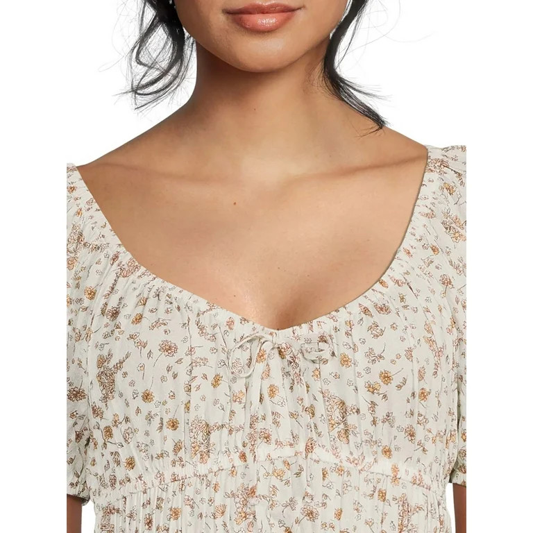 No Boundaries Juniors' Print Peasant Top with Puff Sleeves | Walmart (US)