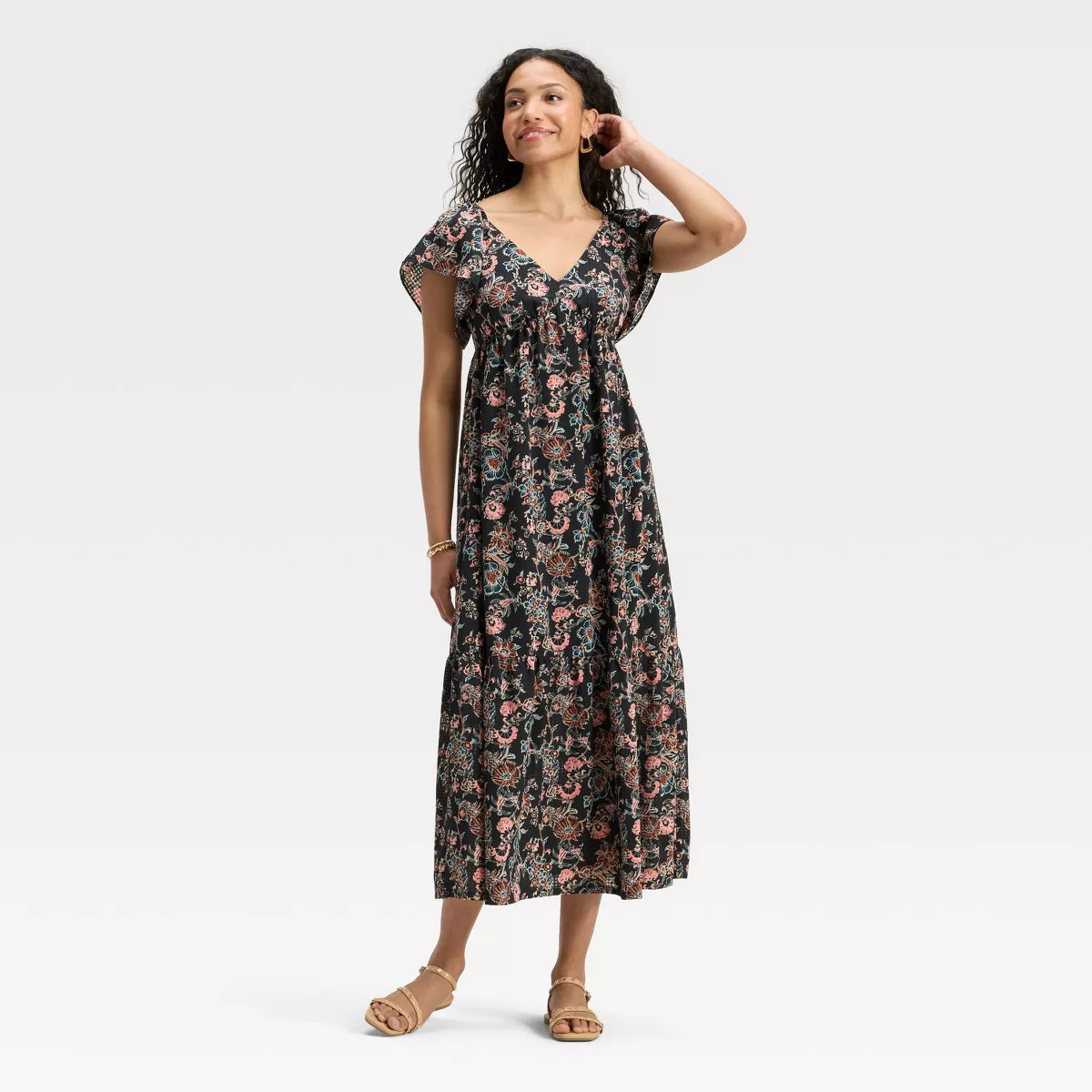 Women's Flutter Short Sleeve Maxi A-Line Dress - Universal Thread™ Black Floral | Target
