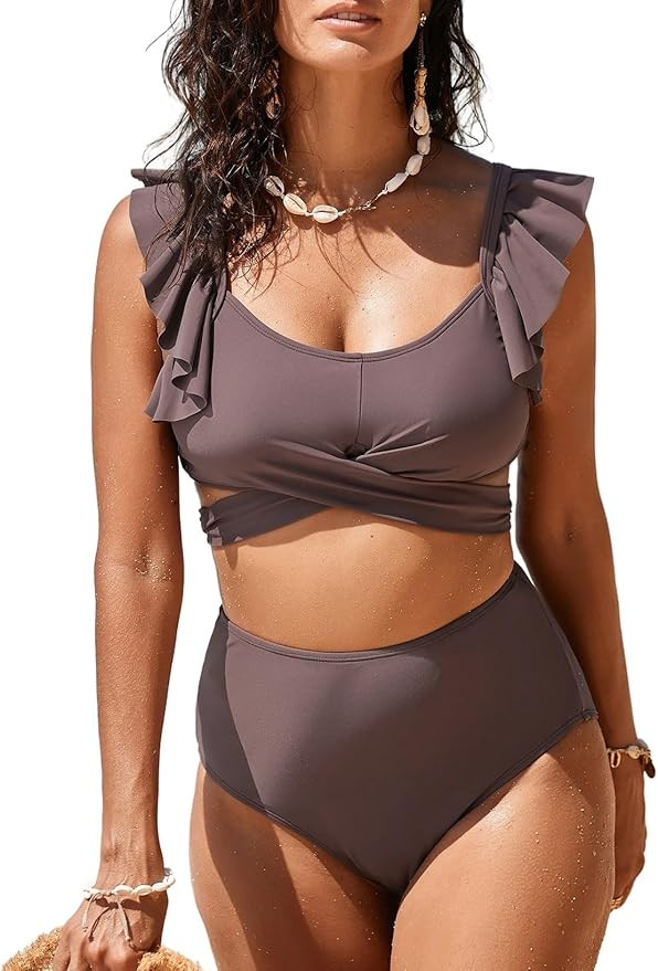 Aleumdr Women's High Waisted Bikini Sets Ruffle Two Piece Swimsuits Crisscross Bathing Suits | Amazon (US)