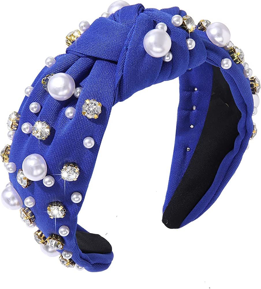 Pearl Headband Sparkly Rhinestone Pearls Knot Hairband Wide Knotted Headband Headpiece Spring Sum... | Amazon (US)