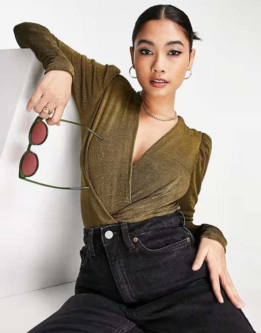 River Island wrap front bodysuit in khaki | ASOS (Global)
