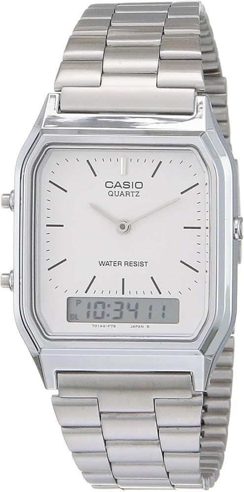Casio - Mens Watch - AQ230A7D, Silver, Core       
Band Material: White 

Clasp: Tang Buckle | Amazon (US)
