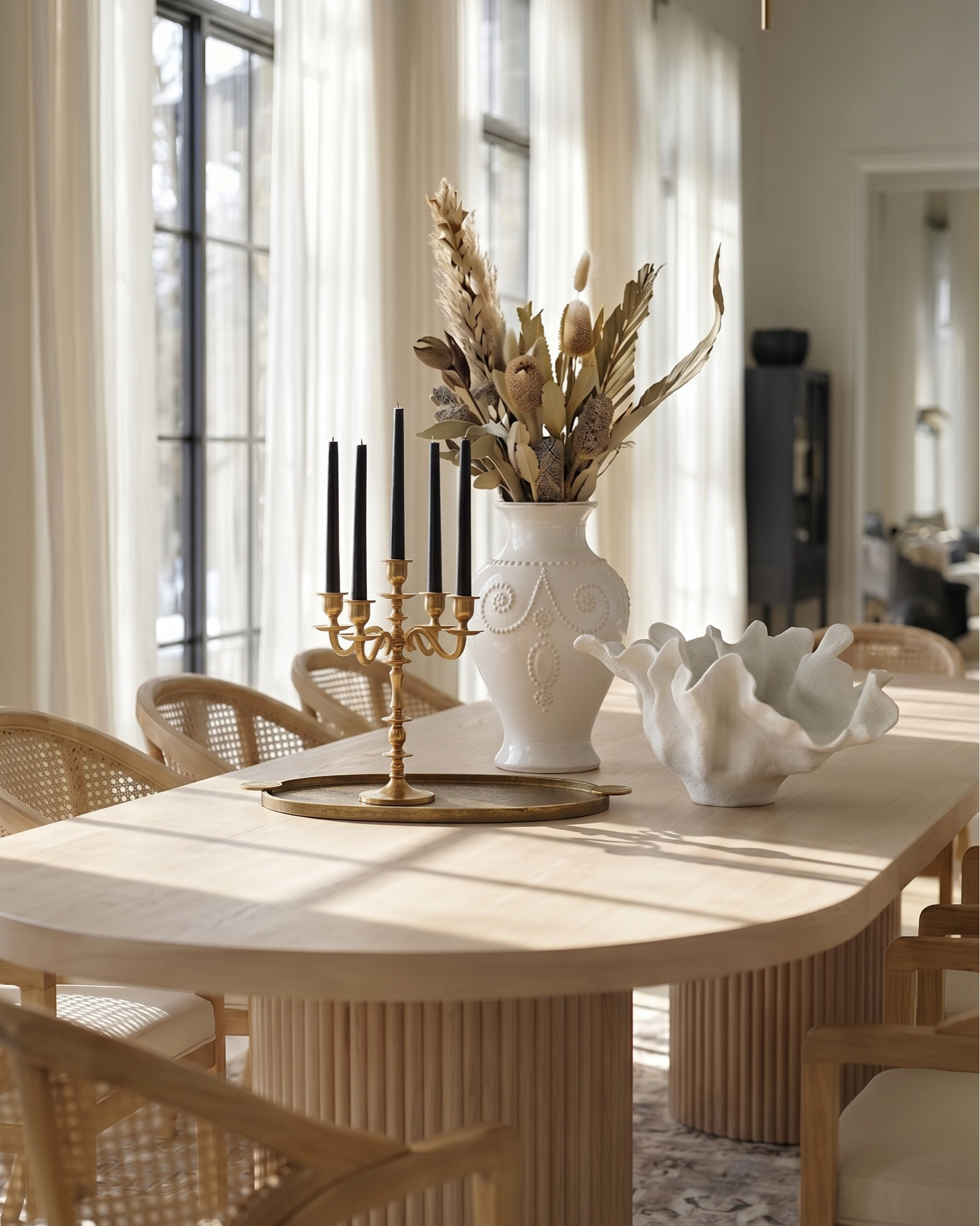 * Light wood dining table
* Oval wood dining table
* Fluted pedestal dining table
* Natural oak dining table
* Scandinavian dining table
* Modern organic dining table
* Cane back dining chairs
* Woven rattan dining chairs
* Light wood dining chairs upholstered seat
* Minimalist dining chairs set of 6
* Wooden sideboard cabinet
* Light oak buffet cabinet
* Modern farmhouse sideboard
* Glass door display cabinet / black cabinet
* Linear globe chandelier
* Modern black chandelier dining room
* Glass globe pendant light
* Minimalist linear suspension light
* Contemporary dining room lighting fixture
* Brass and black light fixture
* Long rectangular chandelier
* White ceramic vase large
* Neutral vase decor
* Dried pampas grass arrangement
* Dried floral stems decor
* Organic modern centerpiece
* Sculptural white bowl decor
* Decorative coffee table bowl
* Minimalist table decor styling
* Neutral home accessories
* Modern ceramic decor objects
* Vintage neutral area rug
* Beige traditional rug
* Distressed Persian style rug
* Large dining room rug neutral
* Earth tone patterned rug
* Washable vintage rug
* Sheer white curtains floor to ceiling
* Linen curtain panels neutral
* Light filtering curtains modern
* Black window frames modern farmhouse
* Extra long curtain drapes

#LTKsale #LTKhome