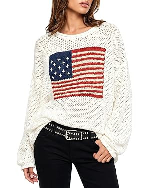 American Flag Sweater for Women Crochet Knit Long Sleeve USA Crewneck Sweatshirt Hollow Out 4th o... | Amazon (US)