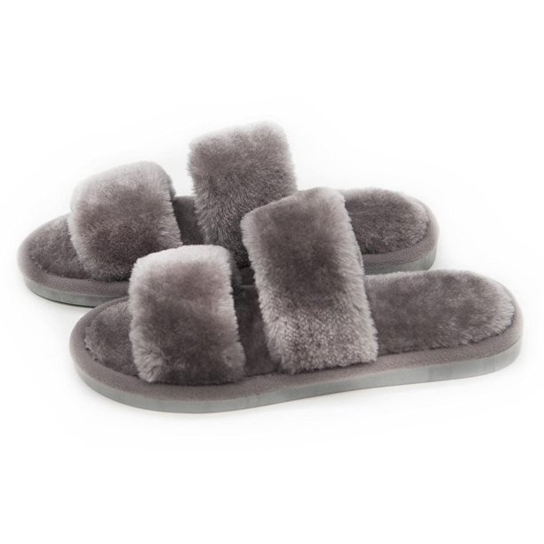 CRAZY LADY Women's Fuzzy Soft Open toe Slippers Indoor Outdoor (02/Grey/Pro, 6-7 M US) | Walmart (US)