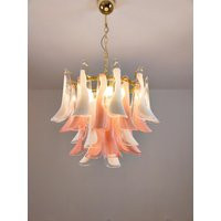 Murano Glass Chandelier in Pink & Withe Feathers Polished Brass Metal Finish | Etsy (US)