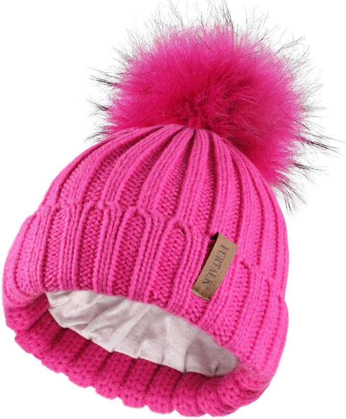 Kids Winter Knitted Pom Beanie Bobble Hat Cotton Lined Faux Fur Ball Pom Pom Cap Unisex Kids Bean... | Amazon (US)