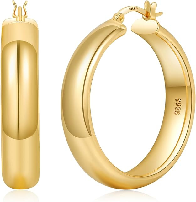 YOUNGYUE 8mm Wide Chunky Gold Hoops 14K Real Gold Plated Hypoallergenic 925 Sterling Silver Hoops... | Amazon (US)