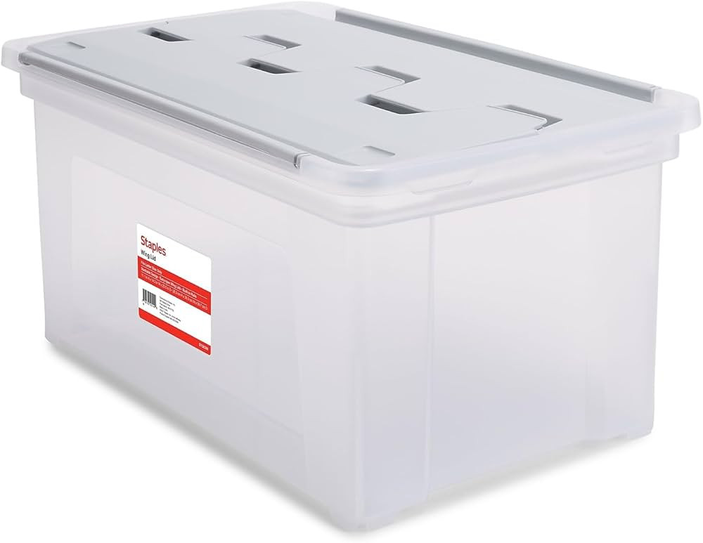 STAPLES Hanging File Folder Box, Storage Bin Organizer, Wing Lid, Letter Size Documents, Gray/Cle... | Amazon (US)