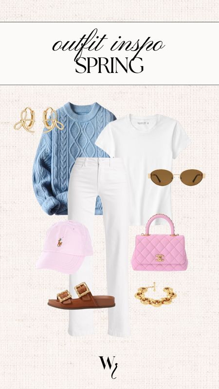Casual spring outfit, white denim, pink bag outfit, blue sweater, polo  outfit 

#LTKfindsunder50 #LTKtravel #LTKstyletip