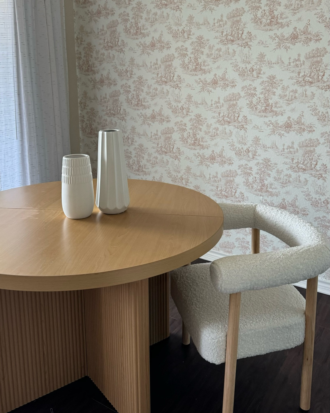 Dining room & home office updates 🤍 peek & stock toile wallpaper, fluted wood dining table, boucle barrel chair. Vases are old from At Home but linked similar! 

#LTKHome