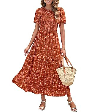 ZESICA Women's 2024 Summer Casual Floral Print Short Flutter Sleeve Crew Neck Smocked High Waist ... | Amazon (US)