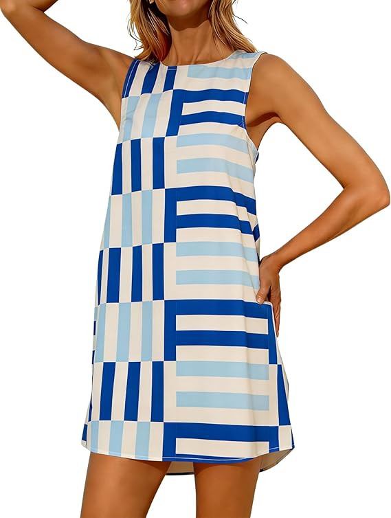 Womens Summer Boho A-Line Mini Dress Casual Color Block Sundress Sleeveless Beach Vacation Coveru... | Amazon (US)