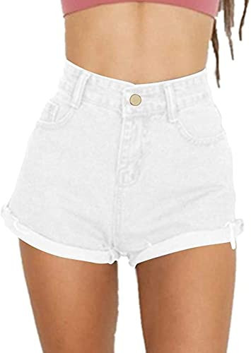 Haola Women's Juniors Vintage Summer Denim High Waisted Folded Hem Jeans Shorts White 20 | Amazon (US)