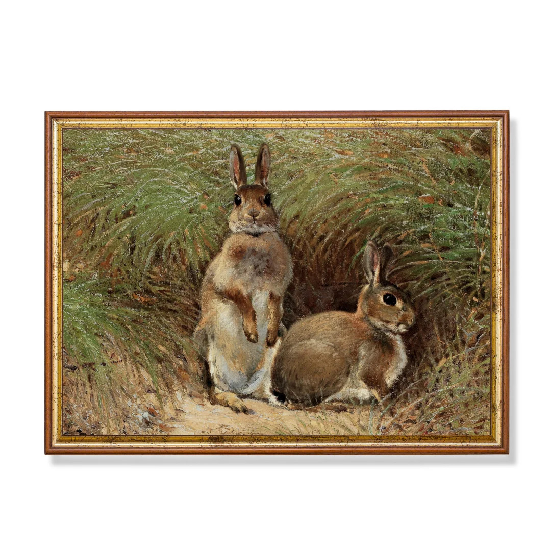 Printed and Shipped | Vintage Rabbit Painting | Bunnies Rustic Print | Farmhouse Animal Oil Paint... | Etsy (US)